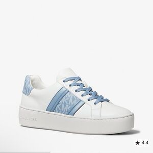Michael Kors Poppy Leather and Logo Stripe Sneaker Blue and White